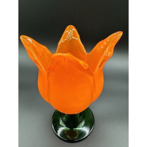 Blown Glass Tulip Flower Sculpture Candleholder Orange-Colored 7" Green Stem - Picture 3 of 8
